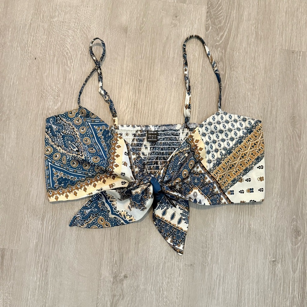 SHEIN Blue and Gold Patterned Crop Top